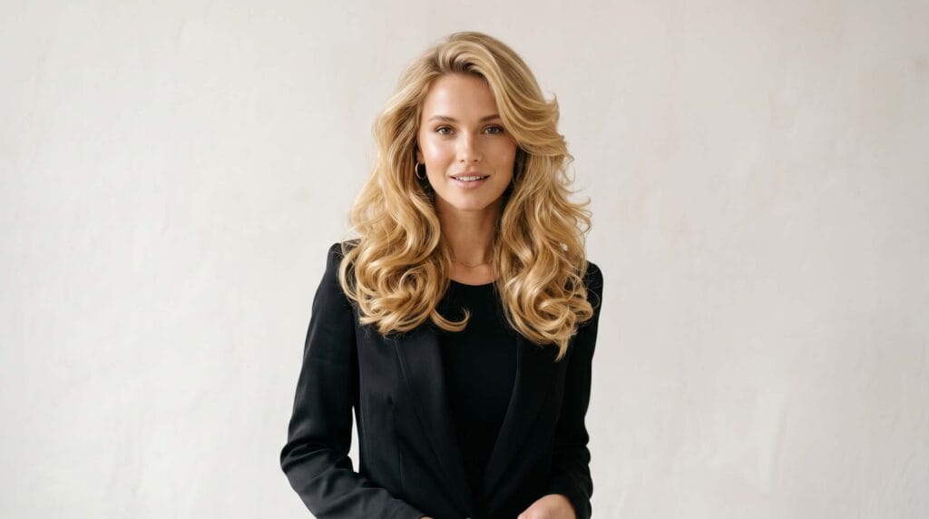 Shoulder-length golden blonde hair styled in a bouncy blowout with soft volume, smooth layers, and a glossy finish.