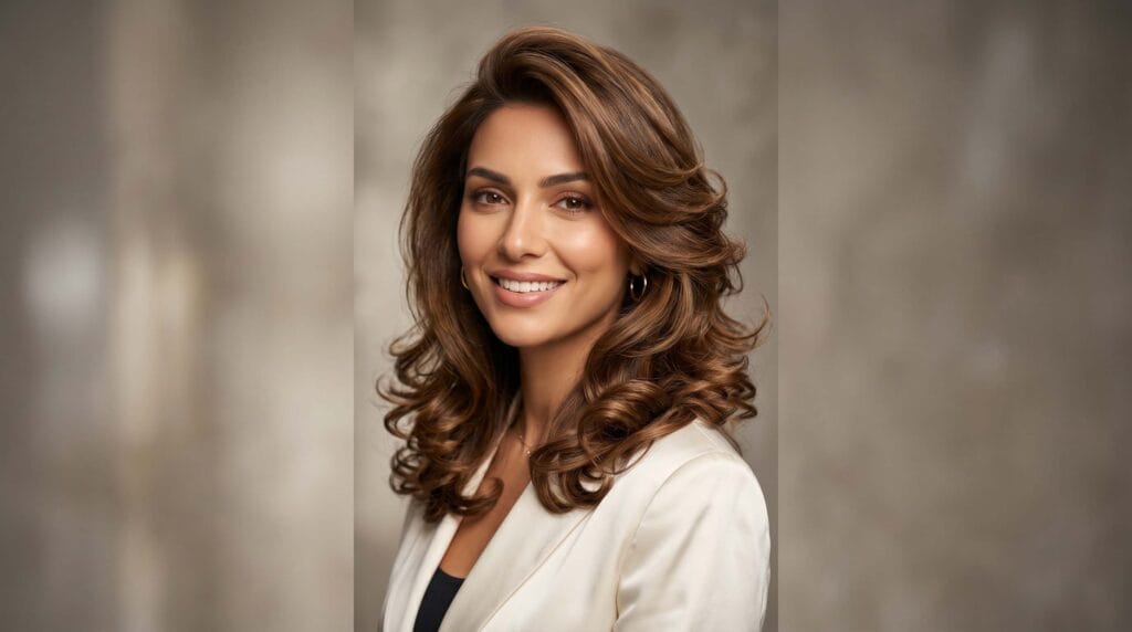 Shoulder-length layered blowout hairstyle featuring bouncy volume, soft movement, and a smooth salon-quality finish.