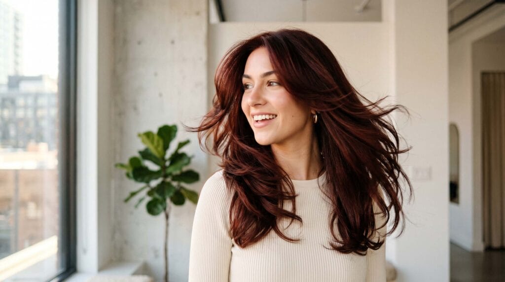 Sleek yet airy layered blowout hairstyle featuring smooth strands, light volume, and soft natural movement with a polished finish.
