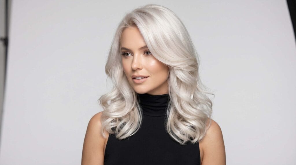 Sleek yet bouncy platinum blonde blowout hairstyle featuring smooth layers, airy volume, radiant shine, and a polished salon finish.