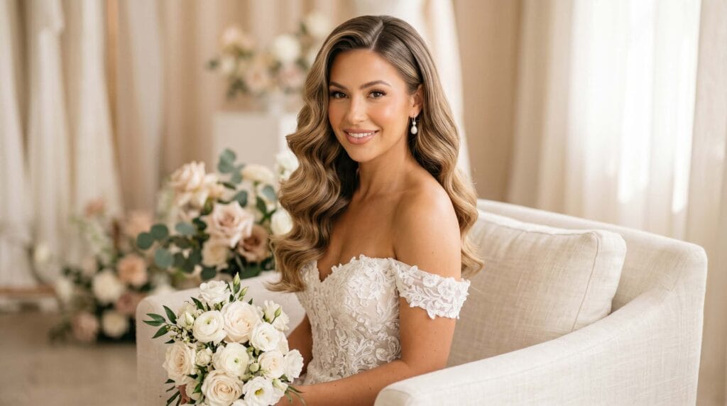 Sleek yet voluminous bridal blowout hairstyle featuring smooth layers, elegant fullness, radiant shine, and a polished finish.