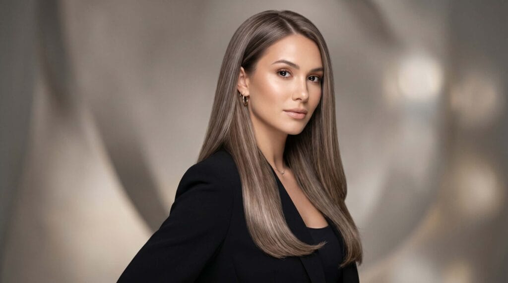 Smooth and straight ash blonde blowout hairstyle with silky texture, soft shine, and a polished salon-quality finish.