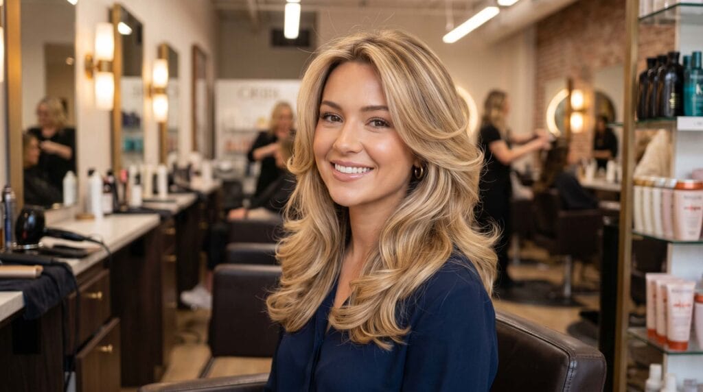 Soft blonde layered blowout hairstyle featuring natural volume, smooth texture, and a glossy salon finish with face-framing movement.