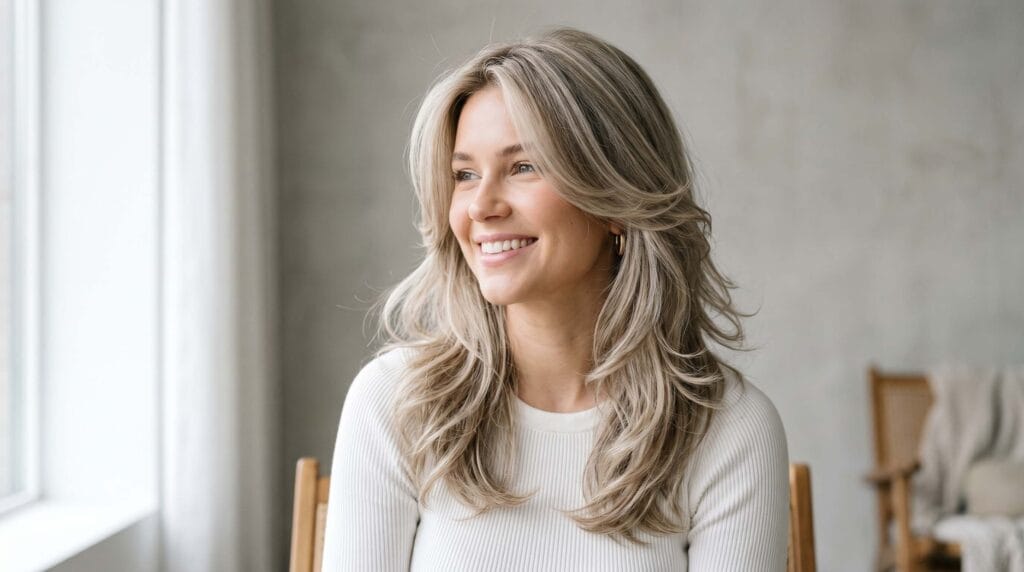 Soft everyday blowout hairstyle in ash blonde featuring natural volume, smooth layers, and a lightweight salon finish.
