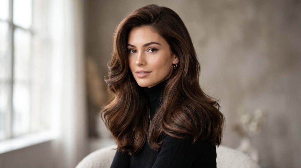 Sophisticated chestnut brown blowout hairstyle featuring soft volume, smooth layers, natural movement, and a glossy salon finish.