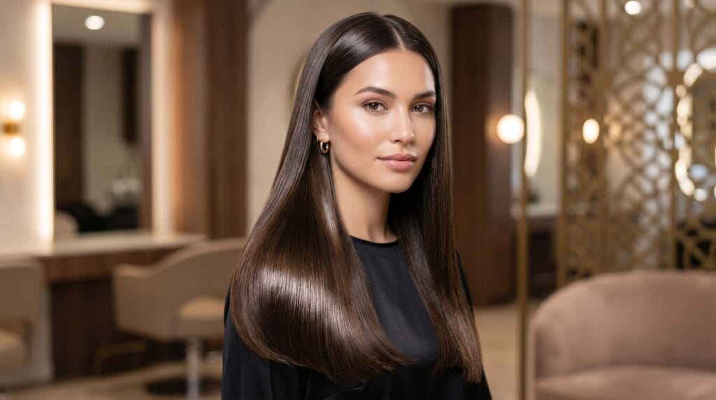 Straight hair blowout featuring glass-like shine, silky smooth texture, sleek styling, and a polished salon-quality finish.