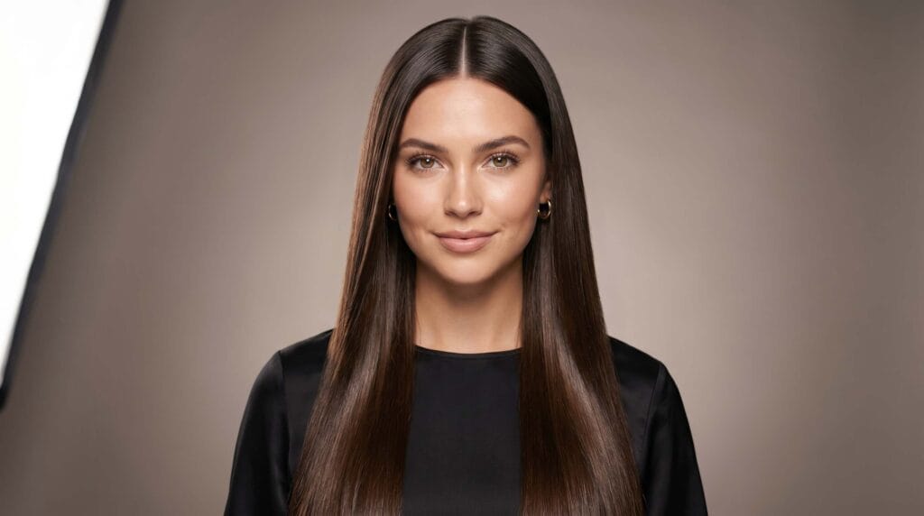 Straight sleek blowout hairstyle featuring shiny smooth hair, a polished finish, and a professional salon-styled appearance.
