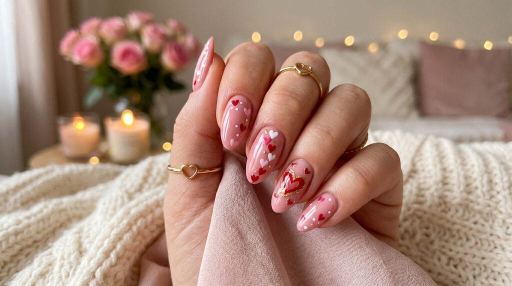 Valentine’s Day pink nails with heart nail art, romantic manicure design, soft feminine nails, and festive seasonal beauty inspiration.