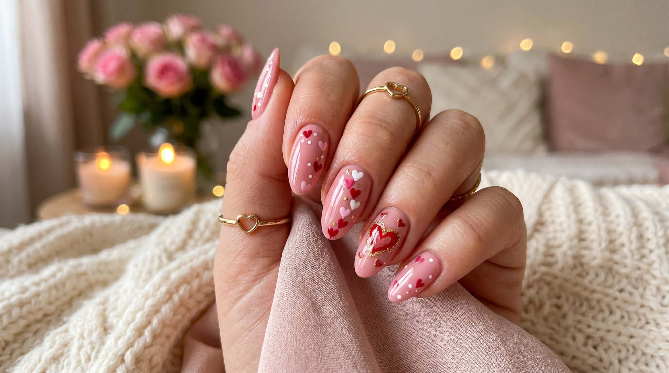 Valentine’s Day pink nails with heart nail art, romantic manicure design, soft feminine nails, and festive seasonal beauty inspiration.