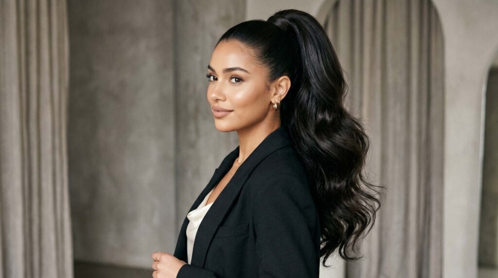 Elegant voluminous blowout ponytail featuring smooth texture, lifted volume, and a polished salon-quality finish.