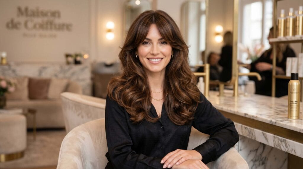 Voluminous blowout hairstyle with curtain bangs, featuring soft layers, glossy hair, and a salon-quality finish.