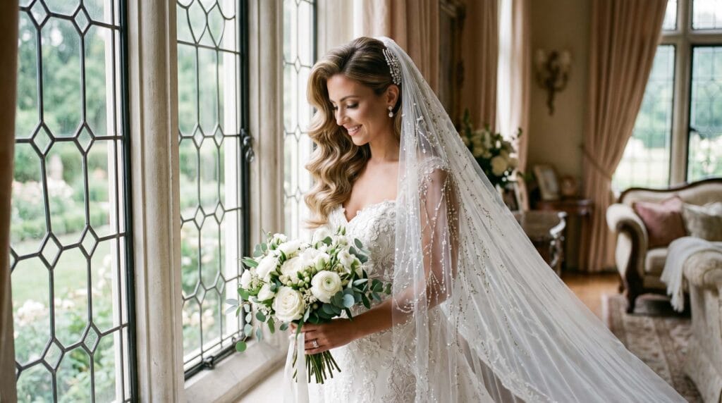 Voluminous bridal blowout hairstyle featuring polished layers, elegant volume, silky texture, and a glossy salon-quality finish.