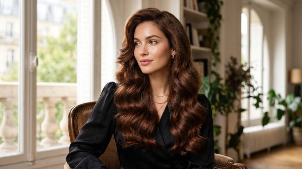 Voluminous long blowout hairstyle featuring silky layers, smooth texture, natural movement, and a radiant glossy finish.