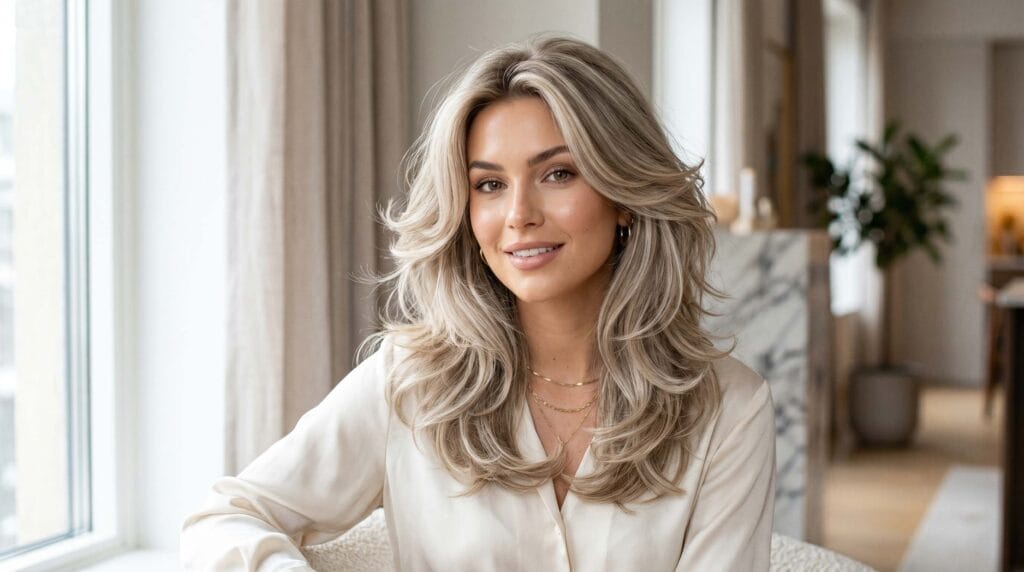 Voluminous shoulder-length layered blowout hairstyle in ash tone featuring soft layers, natural bounce, smooth texture, and a glossy salon finish.